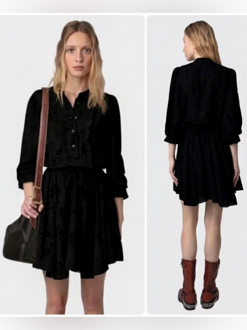 Zadig & Voltaire Ranil Viscose Black Ruffle-Front Tie-Waist Mini Dress NWT $478